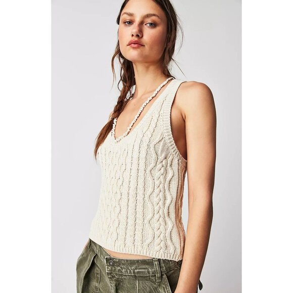 Free People Sweater Tank High Tide Cable Knit Tea Sz Small Boho Coastal Cowgirl - Picture 3 of 9